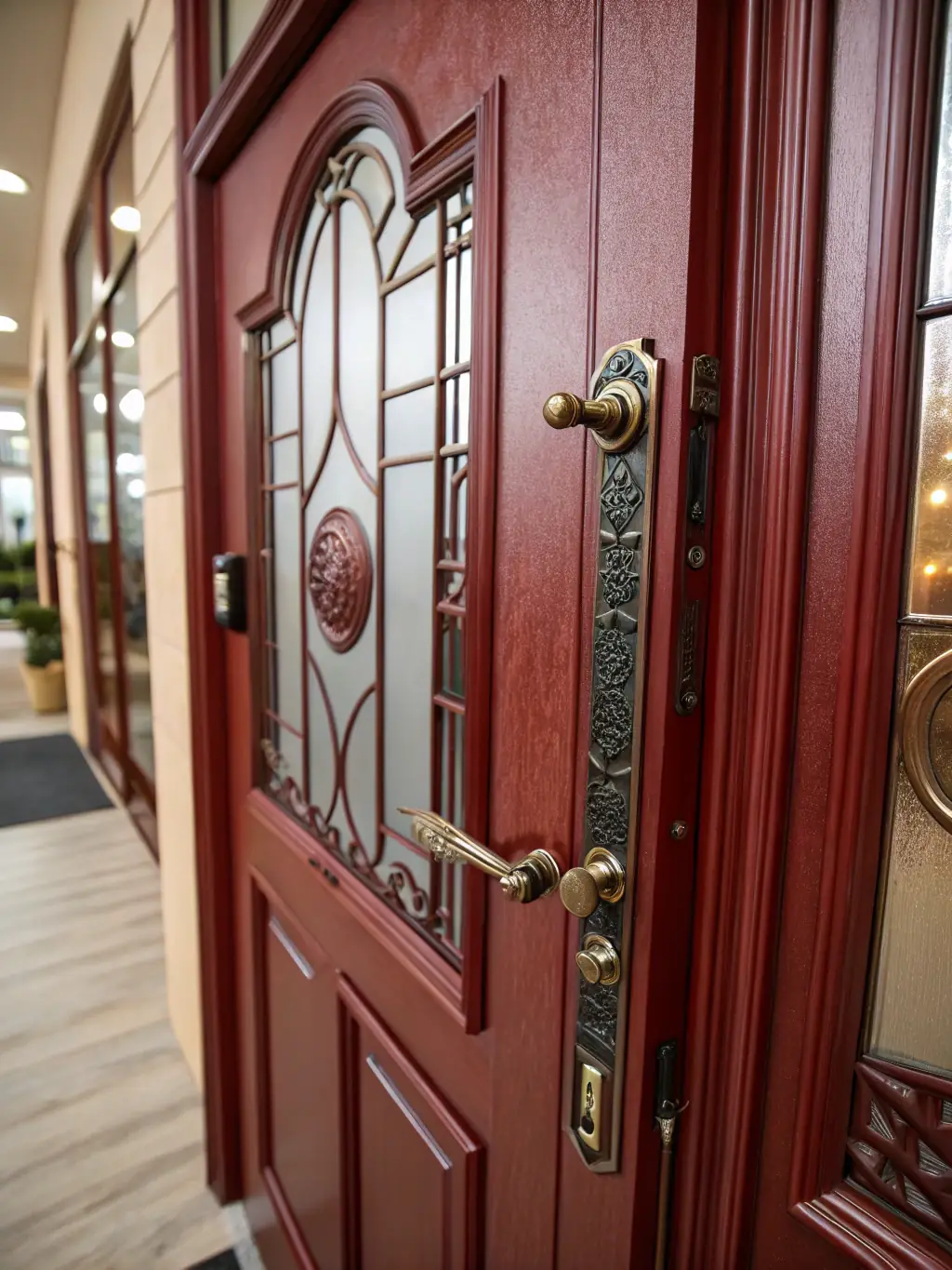 A digital keypad lock on an apartment door with a modern security interface, highlighting SVGA GENERAL's access control systems service.