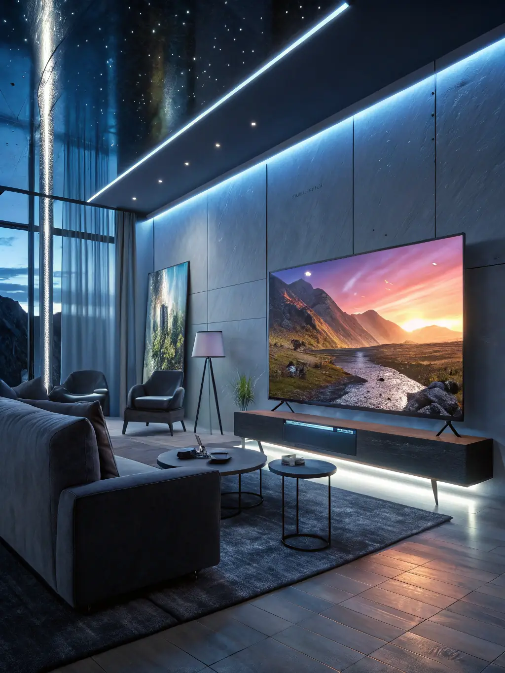 A modern living room with built-in furniture and smart appliances seamlessly integrated, showcasing SVGA GENERAL's integrated furniture and small appliances service.