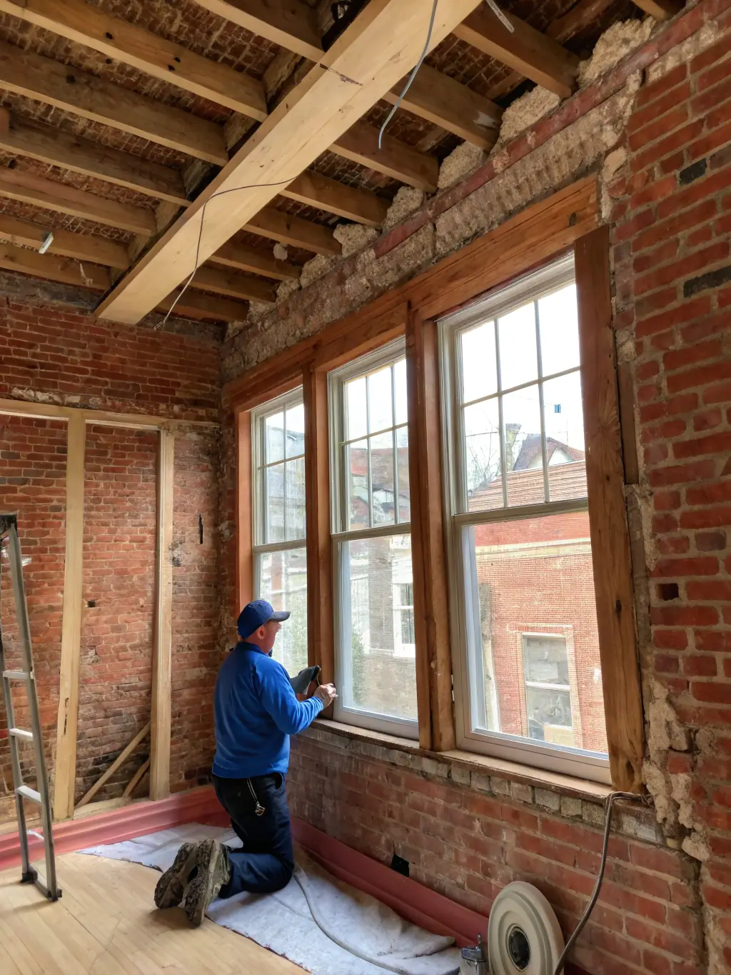 Close-up of a worker installing hardwood flooring in a modern apartment, demonstrating SVGA GENERAL's flooring equipment and installation service.