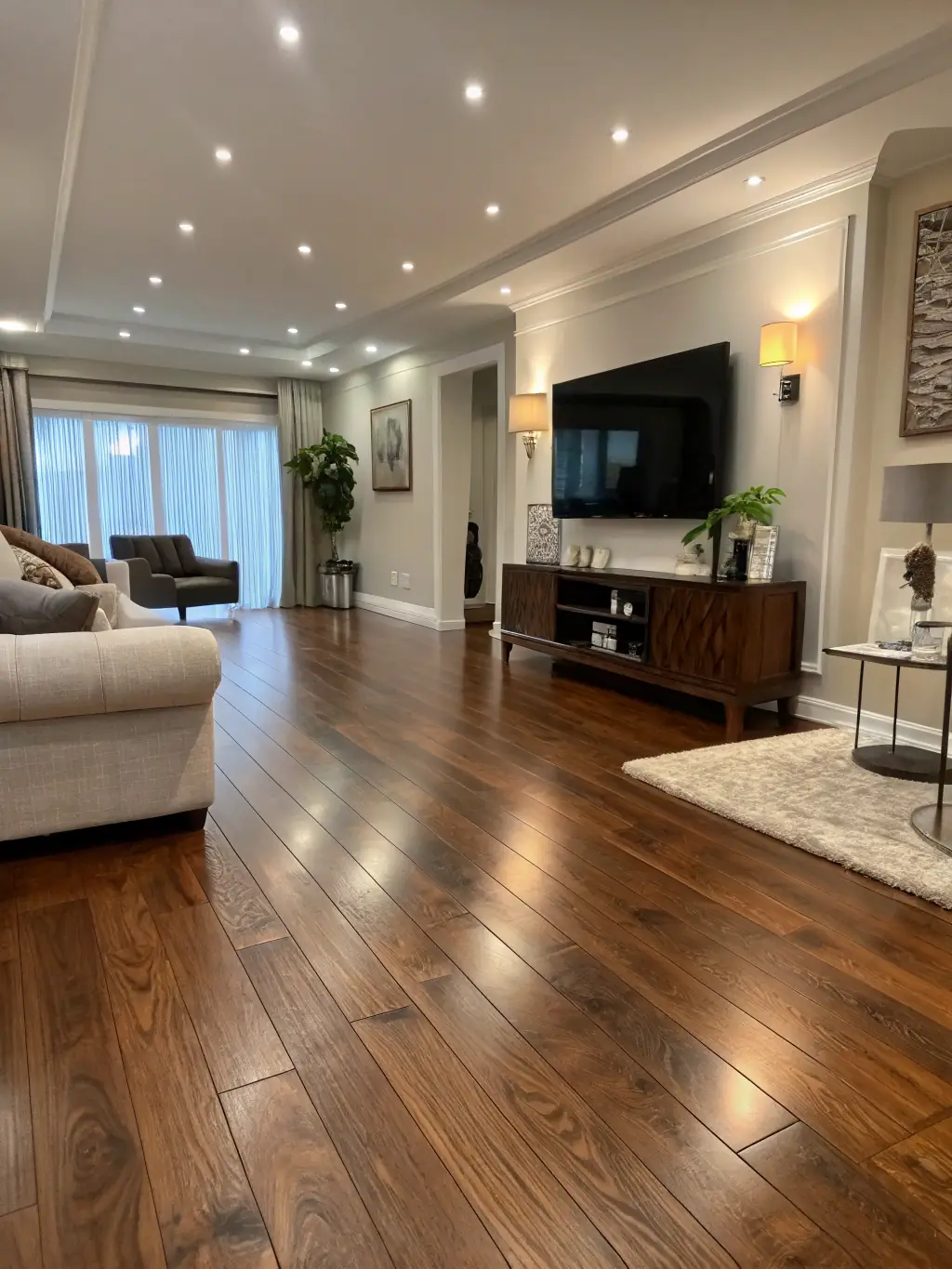 A high-angle shot of a newly installed hardwood floor in an apartment living room, showcasing the quality and craftsmanship of SVGA GENERAL's flooring equipment and installation services.
