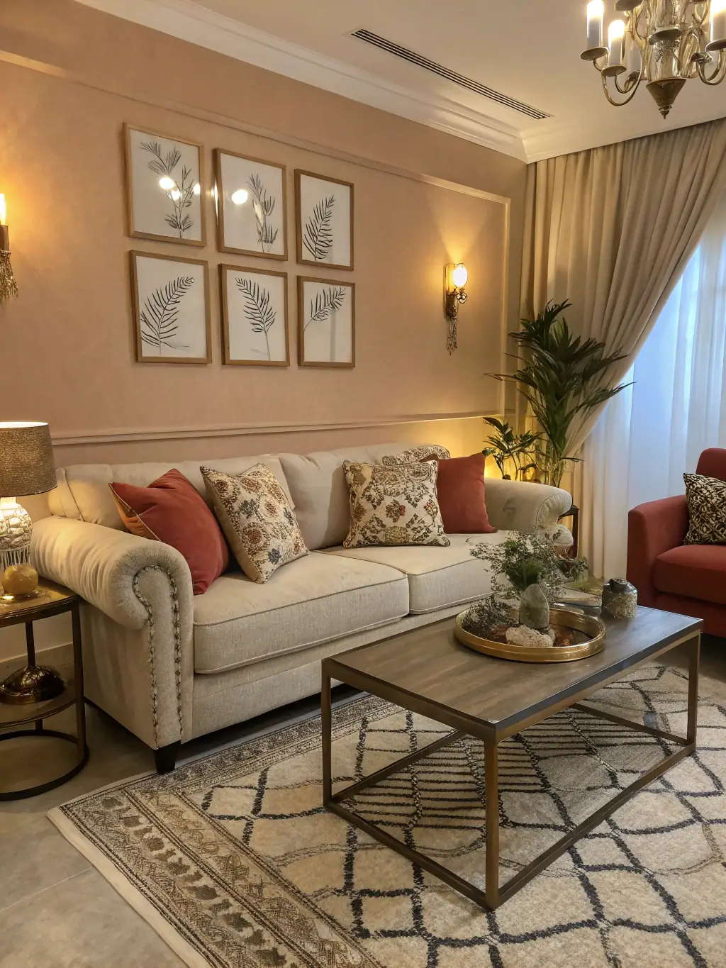 A beautifully remodeled apartment living room with stylish furniture, tableware, and decor, showcasing SVGA GENERAL's comprehensive approach to apartment remodeling and design.