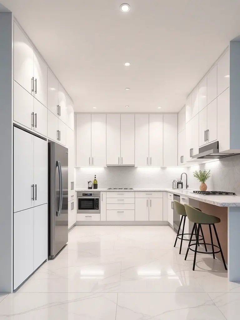 A modern apartment kitchen featuring integrated appliances and custom-designed furniture, highlighting SVGA GENERAL's expertise in creating functional and stylish living spaces.